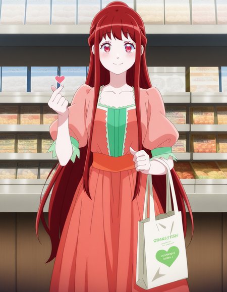 masterpiece, best quality, amazing quality,, <lora:leticia-dorman-s1-illustriousxl-lora-nochekaiser:1>, leticia dorman, long hair, very long hair, red hair, red eyes, sidelocks, half updo, mature female, small breasts, anime screencap, dress, puffy sleeves, long skirt, collarbone,, grocery store, cashier, shopping bag, scanning items, small talk, everyday routine, smile, finger heart, heart, blush, smile, looking at viewer, solo,, cowboy shot, solo