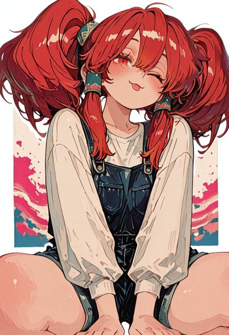 1girl, solo, looking at viewer,
Taru, hair tubes, big hair, red hair,
playful, ;p, expressive,

pink, white, blue,
painted_background,

Kenorland, kenorland, artist:moriimee, 748cmstyle, Bl3th3bn3_Styl3_SKNSFW, lazypos