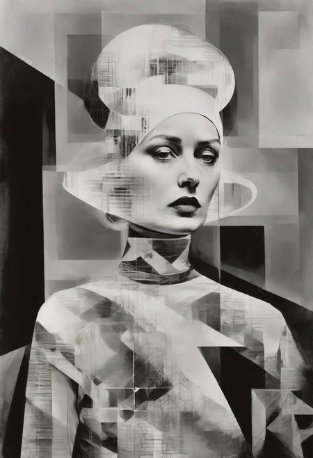 Monochrome black and white, Dali, Magritte, Delvaux, Bellmer, Malevitch, Rodchenko, Mondrian, Kandinsky, Popovna, psychedelic hallucination, pop surrealism, rough crosshatch drawing pop art Lunatic_Portrait of a young woman in latex Avant-garde Fashion page, slick back, low bun, black makeup, sinister expression, intense glare, avant-garde, abstract, weird, geometric, constructivism, suprematism, rayonism, verticism, lineism, tj