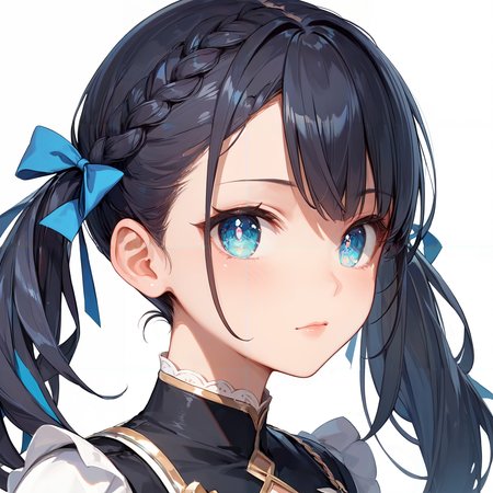 score_9, score_8_up, score_7_up,source_anime, high res image,masterpiece,best quality,girl,cute face,clear skin,shiny hair,ultra detailed eyes,simple background,     <lora:braid twintail_pony_V1.0:1> braid twintail, ribbon,long hair,