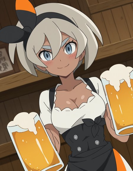 score_9, score_8_up, score_7_up, source_anime, <lora:pokemon-bea-anime-ponyxl-lora-nochekaiser:1>, pokemonbea, blue eyes, dark skin, dark-skinned female, grey hair, hair between eyes, short hair, ribbon, hair ribbon, hairband, black ribbon, black hairband,, <lora:dirndl-ponyxl-lora-nochekaiser:1>, dirndl, german clothes, beer mug, collarbone, cleavage, beer, underbust, waist apron,, indoors, bar, smile, blush,, , cowboy shot, dutch angle