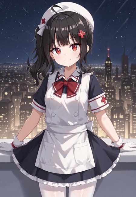 GShMedic, black hair, nurse cap, bangs, x hair ornament, ahoge, red eyes, white headwear, white apron, puffy short sleeves, white gloves, side ponytail, black skirt, black sleeves, red bow, armband, sidelocks, long hair, white pantyhose, collared dress, small breasts,

looking at viewer, head tilt, closed mouth, light smile,

window, city, cityscape, dark, night, night sky,

1girl, solo, solo focus, highres, absurdres, light particles, shade, lens flare, shiny skin, fine fabric emphasis,