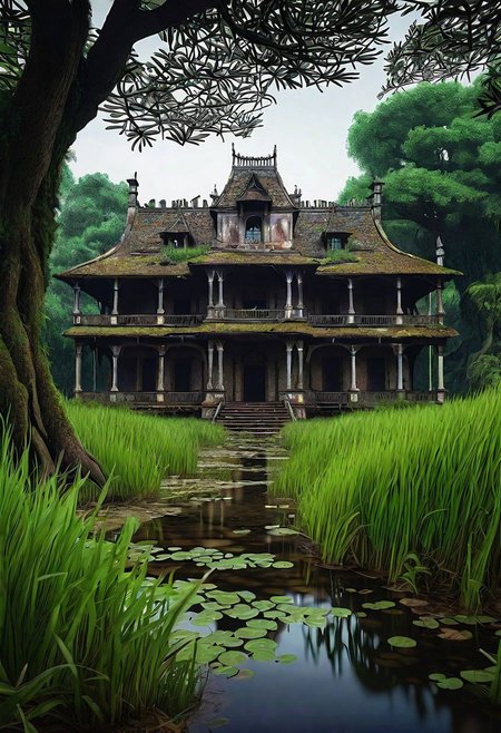 hd, 8k, masterpiece, award winning illustration  of an abandoned mansion covered with grass in a swamp, dungeons and dragons style, fantasy, group of adventurers outside, intricate indian style details, heroic fantasy, spooky, fandist,