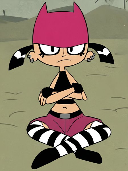 <lora:TiffPony1.0:0.8> tiff, 1girl, black hair, mascara, ear piercing, short hair, short twintails, solo, smile, pink cat hat, black eyes, black crop top, black fingerless gloves, navel, pink shorts, striped thighhighs, sitting,on ground, looking at viewer,  outdoors,crossed arms, frown,