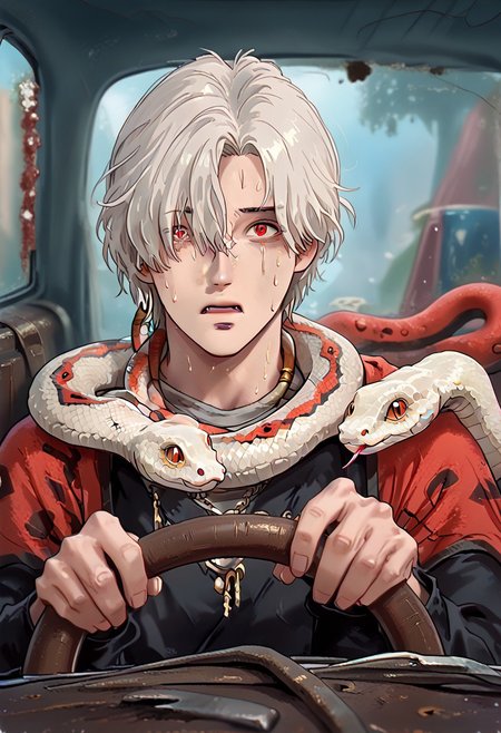 power crashes kobeni's car (meme), car interior, holding, steering wheel, look at viewer, crying with wide eyes open, nervous sweating, from front,A man with a snake on his shoulders trying to escape, car,in a car, , human:1.2,  (sn4k3, snake, snake on shoulders, upper body, FntsyPstlCE style), front_view, scaleless snake:1.6, white coloured snake:1.2, red eyes on snake, a giant wheel of fortune background:1.2, wheel with chances of getting hit written in it:1.2, wheel:1.5, city background
