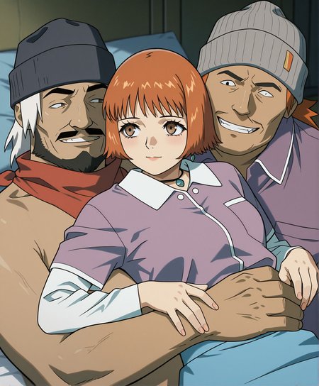 masterpiece,best quality,amazing quality,very aesthetic,absurdres,newest, huge filesize,s
<lora:spo_sdxl_10ep_4k-data_lora_webui:0.5>,
<lora:add-detail-xl:1>
1girl, 2boys, threesome,  lying, grabbing from behind, 
BREAK
<lora:Mezzo_ForteA_KITEV1:1>,
Mezzo Forte,
purple sports jacket,  white sleeve,long sleeves,blue skirt,
m_mikura , brown eyes, orange hair female, 
BREAK
1boy,facial hair, 
black beard,red bandana, white hair,  evil grin, 
small eyes,fat man,
m_badguy1,
(1boy:1.4), 
brown facial hair,skinny, 
brown hair,  mustache,short hair, 
black hat,brown hair,small eyes,
shirt,pocket,
breast pocket,beard,
beanie,necklace,grey headwear,
upper body,jewelry,
collared shirt,m_badguy2,
m_badguy2