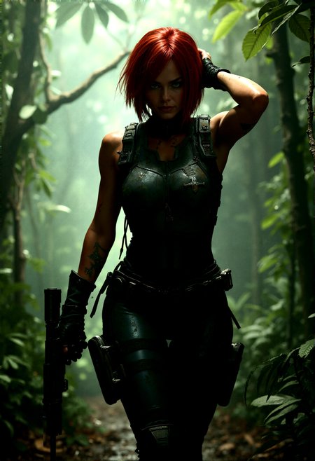 extremely photorealistic ultra-detailed, An intense, photorealistic photography of Regina cautiously advancing 
with her rifle on standby through a dense jungle that surrounds a hidden research outpost. Her bob cut red hair, blending with the shadows cast by the thick canopy above. Her blue eyes are sharp, scanning the area for any signs of danger. She wears her sleeveless black tactical bodysuit, which clings to her athletic frame and is equipped with grey armor plating on her chest and forearms. The suit is smeared with mud and foliage, camouflaging her presence. In one hand, she adjusting her hair, while the other hand rests on her handgun, ready for any sudden attack. Her arms has a noticable scratch, and injury.  The background is a mix of lush vegetation and the faint outline of the research facility, partially hidden by vines and overgrowth. The atmosphere is tense, with the distant sounds of wildlife and the occasional roar of unseen dinosaurs, adding to the sense of imminent danger as Regina approaches her objective.


cinematic lighting, extremely intricate detail character, accurate depiction of character, correct body anatomy,
correct hands and fingers, extremely intricate skin and facial texture detail, intricate black bodysuit design,lifelike potrayal, extrememly realistic lighting, extreme dynamic pose 

 












