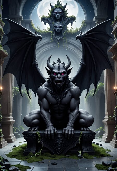 (medium full shot) of (mystical obsidian black rough stone gargoyle) with humanoid body , majestic wings, pink eyes, long horns, spines along back runic engravings, set in  Throne Room, Grand hall with a collapsed roof revealing patches of starry sky, a majestic throne covered in moss and ivy, crumbling statues of long-forgotten kings, a shattered chandelier dangling from the ceiling, ornate rugs scattered across the floor, under the moonlight, ,Masterpiece,best quality, raw photo, realistic, very aesthetic