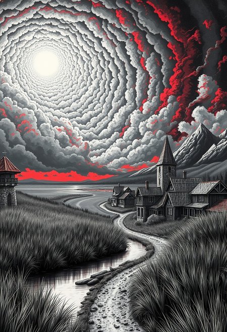 look from downhill river, faraway view , monochrome, best quality, absurd resolution, 26k wallpaper, with hints of red, oil-matte painting, busy skies, circular shape clouds, watchtower, intricate clouds, drawing masterpiece, very tall grass that is bend by the strong wind, night, beautifully crafted architecture, calm and relaxing art, black and white, fantasy village, houses made out of stone and wood with dirt roads, swamp far away, creative perspective, the skies are red, some houses are multi story, detailed wheat field, strong wing bends the tall grass, at the background there is a huge storm coming consuming the calm skies, surreal thunders coming out of that detailed sky, far from a peaceful village, corrupt ground under the storm far away, great sense of scale, mountains to the right side of the frame, UHD, very good quality, slight fog, smooth, sharp