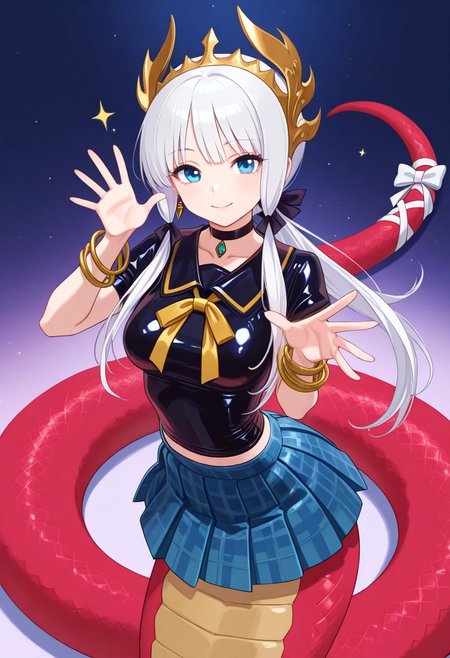 latex, latex polo shirt, latex short sleeves, latex plaid skirt, pleated skirt, dynamic pose, <lora:PADechidna_SDXL_illustrious_fp16_ver03_AdamWSHF:1>,PADechidnaU, 1girl, lamia,  monster girl, white hair, blue eyes,tail ornament, tail,headdress, choker, earrings, tail, bow, bangle, happy, loincloth, red scales, smile, looking at viewer, masterpiece, best quality, very aesthetic, absurdres,<lora:detailed_hands:1>,hand, fully clothed, sfw