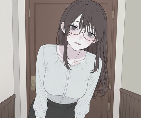 masterpiece, best quality, amazing quality, , 1girl, solo, glasses, , looking at viewer, shirt, skirt, long hair, light smile, open mouth, mature female,  <lora:Happiiakujikijp ILL-v2:1> happiiakujikijp, detailed background