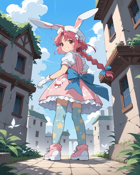 PonyScores7, source_anime, rating_safe, ah1, 1girl, lips, bad-hands-5, <lora:xl_more_art-full_v1:0.2>, <lora:shinyskin2:0.2> glistening skin, <lora:aesthetic_anime_v1s:0.2>, <lora:Expressive_H:0.2> Expressiveh, <lora:hairdetailpxl:0.2> hairdetailpxl, <lora:EpicF4nta5yXL:0.2>, <lora:detailxl:0.2> detailxl, <lora:Fant5yP0ny:0.2>, best quality, amazing quality, best aesthetic, absurdres, <lora:expressive eyes:0.2> expressive eyes, <lora:eyedetailpxl:0.2> eyedetailpxl, illustration, Volumetric_Lighting, ultra-detailed, very aesthetic, intricate details, 8k, masterpiece, best_quality, (Smiling face with hearts), (Low angle (from behind) view medium Distance shot), (Courtyard ruins, Overgrown with tangled vines and moss-covered cobblestones, broken statues scattered around, an eerie fountain with stagnant water, and a faint smell of decay lingering in the air), (playing with her hair), <lora:Eyes_High_Definition:0.3> EyesHD, looking at viewer,  Stable_Yogis_PDXL_Positives, AS-Adult, <lora:nakahara_komugi_pony_v1:0.8> nakahara_komugi, pink hair,hat, animal ears, braid, pink eyes, ahoge, long hair, rabbit ears, wings, star print, jewelry, star (symbol), dress, white gloves, stickers, zettai ryouiki, print thighhighs, winged footwear,