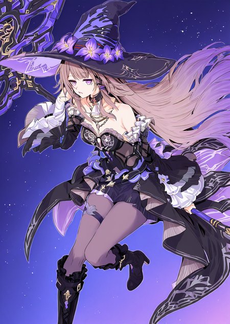 <lora:BebopSensen250208:1>,BebopSensen,<lora:the_herta_honkai_star_rail_for_IL:1>,the_herta_\(honkai_star_rail\),purple eyes,hat flower,brown hair,strapless dress,detached sleeves,witch hat,pantyhose,high heel boots,knee_boots,thigh strap,choker,staff,<lora:NOOB_vp1_detailer_by_volnovik_v1:1>,<lora:noobai_ep11_stabilizer_v0.138_fp16:1>,