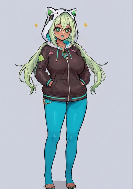 1girl, haura (sasaame), huge breast, , animal hood, aqua pantyhose, black jacket, blush, breasts, dark-skinned female, dark skin, feet out of frame, green eyes, green hair, grey background, hands in pockets, hood, hood up, jacket, long hair, low twintails, pantyhose, partially unzipped, solo, twintails, zPDXL3  <lora:ç¼åç ´édypoli:1>