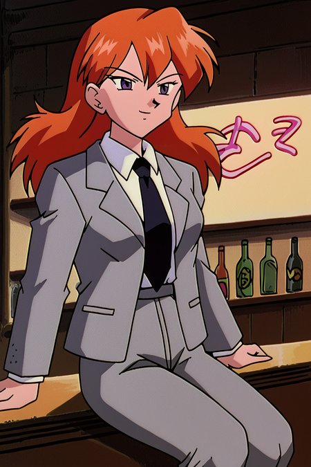 score_9,score_8_up, score_7_up, BREAK ict style,retro artstyle,1girl, solo,cowboy shot, purple eyes, long hair,grey suit,grey jacket, white collared shirt,grey pants, black necktie,medium breasts,indoors,bar,neon sign,shelf,bottle, smile,sitting, contrapposto,orange hair,  <lora:PokeMoviesPony:1> <lora:TienPonyV3:1>