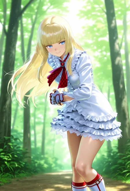 masterpiece, best quality, amazing quality, very aesthetic, newest, general,
solo, lili \(tekken\), tekken, blue eyes, blonde hair, long hair, blunt bangs, smile,
white dress, fingerless gloves, standing, fighting stance,
outdoors, forest,
ikeda kazumi, (nishiya futoshi:0.6), (mutsuki \(moonknives\):0.5), (zen \(kamuro\):0.6), <lora:nyalia:0.3>, <lora:dj_sloppa_ill_v2:0.4>,