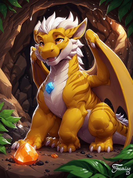 (by null-ghost:1.2), (by thesecretcave:0.6), by milkytiger1145, (by feralise:1.3), (best quality:1.2), normal quality, hi res, line art, portrait, 
cave, ores, (gem:1.2), (leaf), BREAK
solo, feral, male, small dragon, scalie, young, wings, 
(yellow scales), orange eyes, white spikes, white claws, 
happy, open smile, looking up, (sitting), 
BREAK
<lora:seaart-quality-v1-beta20-mapotest-realvsai13.1c:1.0>
