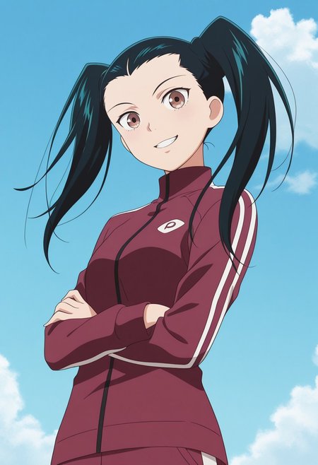 masterpiece, best quality, source_anime,official art,perfect_anatomy, 1girl, nayuta moriyama, solo,  brown eyes, twintails, black hair, long hair,track suit, long sleeves, pants, grin,looking_at_viewer,smile,upper body,crossed arms,day,blue_sky,cloud
