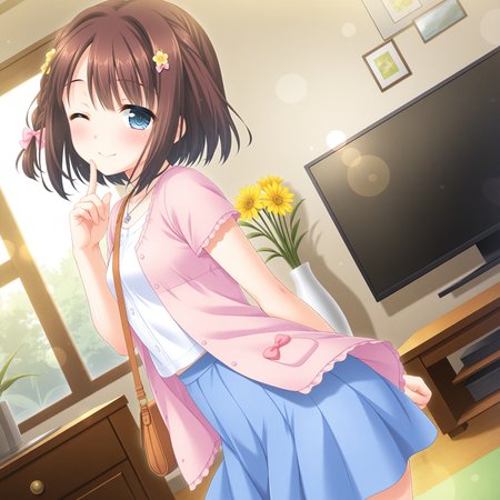 <lora:Seguchi_Mahiru_1_nai-000041:1>,Seguchi Mahiru,
hair bow,pink bow,hair flower,yellow flower,braid,shoulder bag,pink jacket,open jacket,blue skirt,pleated skirt,white shirt,necklace,jewelry,short sleeves,
BREAK
1girl,solo,one eye closed,looking at viewer,indoors,skirt lift,smile,blush,living room,lens_flare,dutch angle,finger to mouth,from side,