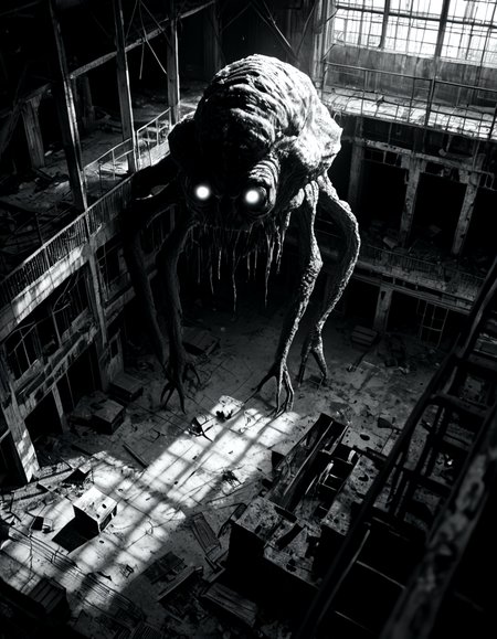 score_9, score_8_up, score_7_up, horrorcctvlora, monochrome, greyscale, dark, abandoned building, monster, glowing eyes, bird view