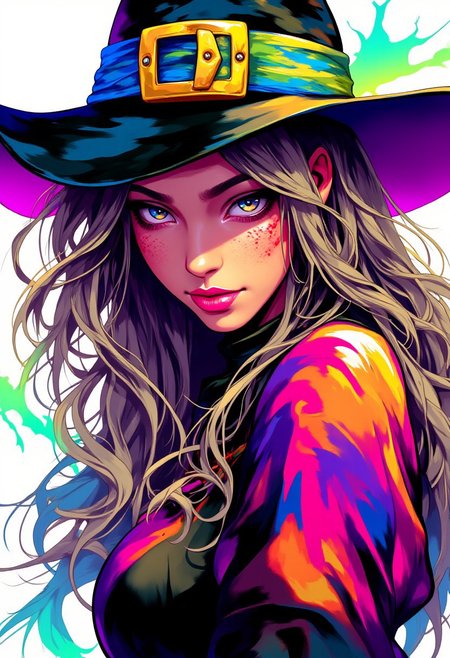 Inkpunk Anime, portrait of a witch, colorful outfit, scary and beautiful