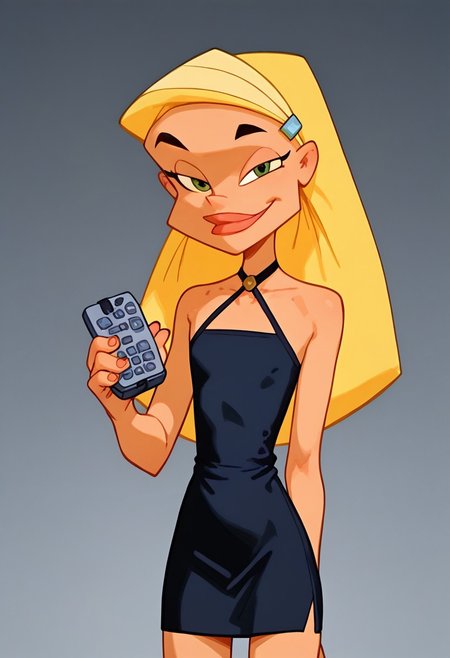 score_9,score_8_up,score_7_up, ASCII Masterpie e, 1girl, solo, standing, Sharon Spitz from Braceface, blonde hair, school prom, flat chest  black dress, bustier halter, looking smug at viewer, holding remote, pressing button