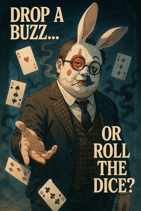 Anime-style, high-resolution illustration. The scene takes place in a moody, mysterious basement with stone textures, soft fog, and cool-toned ambient lighting. The space feels cinematic and dreamlike — mysterious, not frightening.

In the center stands a slightly chubby man with theatrical rabbit-inspired face paint — a red circle around one eye, a black smear under the other, and pale foundation that gives him a surreal, unsettling charm. He wears a slightly mismatched formal suit — classic, but with eccentric flair (e.g., bold patterns or asymmetry). On his face is a pair of mismatched glasses — one round, one square.

He holds a cigarette between his lips, calmly exhaling smoke into the air. With his other hand, he reaches out toward the viewer — as if offering a deal, or inviting them to make a choice. His expression is calm, smug, and quietly persuasive, as if to say: “You only get one shot.”

Floating around him are several playing cards, vivid in red and black, with glossy textures and soft black magical smoke swirling through the air.

Large, stylish anime-inspired text is placed prominently in the scene:
“DROP A BUZZ... OR ROLL THE DICE?”