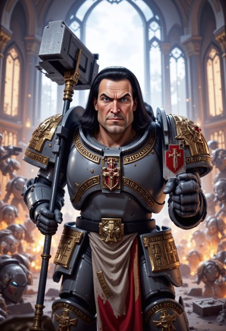 A towering, massive Grey Knight Space Marine, easily over 8 feet tall, stands in the heart of a chaotic battlefield. His ornate power armor, engraved with sacred symbols and intricate Gothic designs, gleams under the firestorm of combat. Instead of a typical helmet, the head of Lord Farquaad, complete with his iconic jet black, long, sleek hair, pokes out from the armor. His smug, self-assured expression contrasts sharply with the war-torn surroundings. The Grey Knight weilds a massive war-hammer. The scene blends epic sci-fi action with absurd humor, as Farquaad's head remains unflinchingly calm and dignified amidst the chaos of war