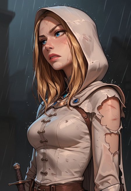 (score_9, score_8_up, score_7_up). (line work, excellent drawing, highest quality, extremely detailed:1.2). solo, 1girl, 24 year old woman, Battle Cleric, saint, vestal, hood, armor, religious, medium breasts, glossy lips, long lashes, blue eyes, blonde hair, innocent, cute face, pale skin, soft skin, determined, injured, slut face, nympho, horseriding skirt, fantasy, dnd, g0thicPXL, romantic, source_cartoon, depth of field, medium distance, cowboy_shot, semirealistic, dynamic angle, side view, in profile, dark background, raining, torn clothes, muddy clothes, dynamic pose, holding a knife,