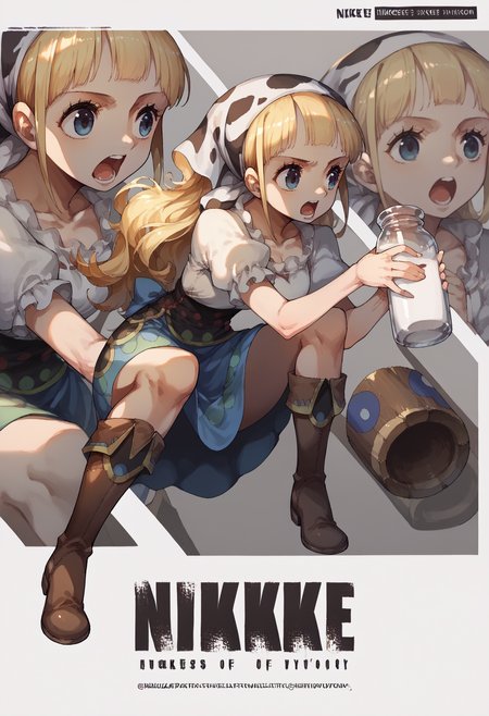 score_9, score_8_up, score_7_up, source_anime, RythModaOPPony, 1girl, standing, dress, skirt, bandana, brown boots, open mouth, <lora:ModaOPPony-101:1>, <lora:NikkeProfileV2_XLPD:1.1> IncrsNikkeProfile, full body, zoom layer, on one knee, holding milk jar,