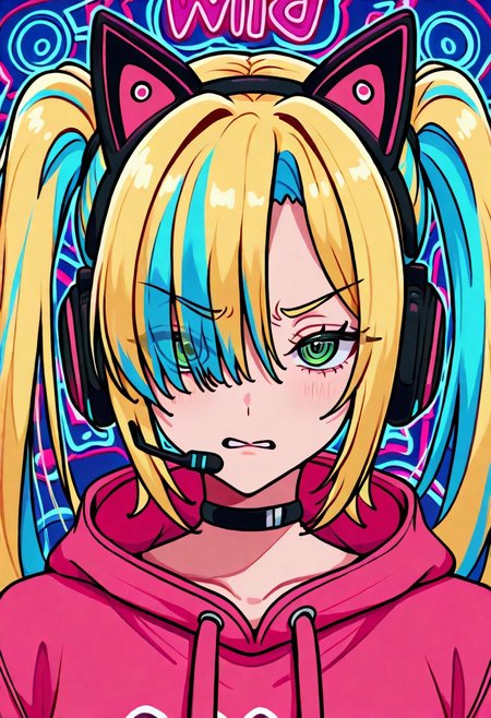 masterpiece, best quality, absurdres, highres, chromatic aberration, 1girl, solo, green eyes, eyelashes, long hair, two-toned hair, blonde hair, blue hair, twintails, bangs, hair over one eye, headset with fake cat ears, black choker, long oversized hoodie, angry, looking at viewer, hypnotized eyes, gamepad controler, upper body, closeup, face focus, simple background, psychedelic background, highly detailed, neon lights, vivid colors