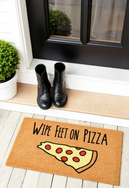 <lora:Welcome_Mat_Manufacturer_FLUX-000023:0.9>
The image is a photograph of a small outdoor entrance area, featuring a doormat with a humorous design. The doormat is rectangular and made of a textured, brown, coir material. It has a vibrant, whimsical design featuring a pizza and  text "WIPE FEET ON PIZZA"