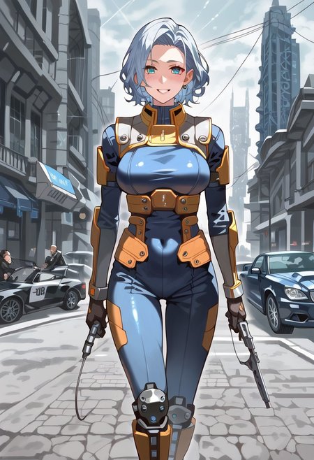score_9,score_8_up,score_7_up,source_anime, 1girl, (((master piece:1.2))),(((best quality:1.2))),(((ultra detailed))),(((1girl))),(((intricate))),(((anime screencap))),(((very aesthetic:1.2))),((( Cite 17 background))),(((absudres:1.2))),(((embroidered))),(((scenery))),((extremely detailed CG)),(dynamic angle:1.4), woman in sci fi outfit standing on deserted street holding crowbar, 
BREAK,
half life (series), (ami mizuno reimagined as a scientist in hev suit from half life 2),breasts, 1girl, blue_hair, blue_eyes, (dynamic pose:1.4), Cite 17 background, smile, solo, looking_at_viewer, detailled_background, blue short_hair, blush, boots, gloves, standing, cowboy_shot, hev armor style, holding a crowbar, weapon, solo focus, holding, outdoors, covered navel, hev suit bodysuit
BREAK;
(intricate details:1.12), (intricate details, hyperdetailed:1.15), hdr, dystopian sci-fi city, (at day:1.2), cinematic, half life aesthetic, science aesthetic, ominous background, bimbo atmosphere, lustful atmosphere, gray and pastel theme, city background, ground vehicle, motor vehicle, car, building, electric cable, camera,