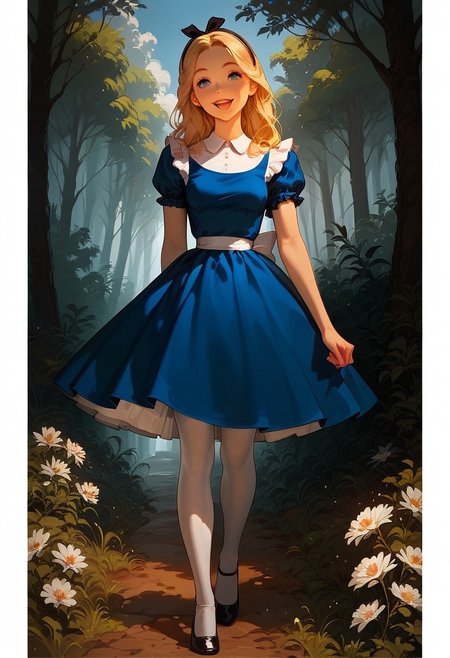 score_9, score_8_up, score_7_up, score_6_up, score_5_up, score_4_up,
AliceWaifu, 1girl, solo girl, beautifull perfect face.
blue eyes, shoulder length blonde hair, 
(slim slender hourglass body figure) (slim young body figure) (medium breast)
Victorian blue dress, white pinafore, white pantyhose, apron, black hairband, black shoes.
happy, walking in a sunny forest,
(portrait picture)