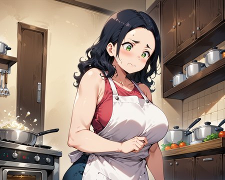 score_9, score_8_up, score_7_up, score_6_up, source_anime, ah1, 1girl, (curly hair), long hair, (black hair), mature female, (parted hair:1.7), (round face), (no_bangs), (no_fringe:1.6), looking at viewer, (thick eyebrows:1.3), (curvy), round-chin, (greenish hazel eyes), caucasian, (downturned eyes), (forehead:1.4), <lora:ETO_OCPonyXL:0.5> eto_oc, skindentation, plump, thick thighs, wide hips, busty, voluptuous, kinky curls, lips, bad-hands-5, (A woman standing with one hand resting on a chair, the other on her hip, looking down), (Cordovan bouquet of classic white roses), (in Kitchen, Bustling environment with stainless steel countertops, industrial-grade cooking equipment, pots and pans hanging from a rack, bustling chefs in white aprons, the aroma of spices filling the air), ((Constricted pupils, wavy mouth expression)), <lora:venus body PonyXL:0.8>, <lora:xl_more_art-full_v1:0.4>, <lora:shinyskin2:0.3> glistening skin, <lora:aesthetic_anime_v1s:0.4>, <lora:Expressive_H:0.4> Expressiveh, <lora:hairdetailpxl:0.4> hairdetailpxl, <lora:EpicF4nta5yXL:0.4>, <lora:detailxl:0.4> detailxl, <lora:Fant5yP0ny:0.4>, best quality, amazing quality, best aesthetic, absurdres, <lora:expressive eyes:0.4> expressive eyes, (Low angle (from the side) view Close shot (focus on knees)), <lora:eyedetailpxl:0.4> eyedetailpxl,