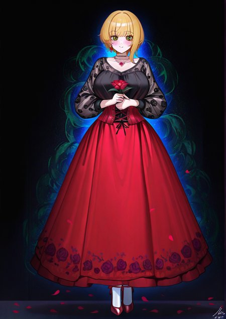 <lora:ArtsJeze:1>,1girl, miyamoto frederica, detailed background, huge breasts, wide hips, asymmetrical hair, black background, black shirt, blonde hair, blouse, blush, brooch, corset, dated, earrings, floral background, floral print, flower, flower earrings, full body, green eyes, high heels, holding, holding flower, jewelry, light smile, long skirt, long sleeves, looking at viewer, petals, red footwear, red skirt, ribbon, shirt, short hair, signature, skirt, solo, white legwear, 
very awa, masterpiece, best quality, highres, absurdes,amazing quality,year 2024,newest