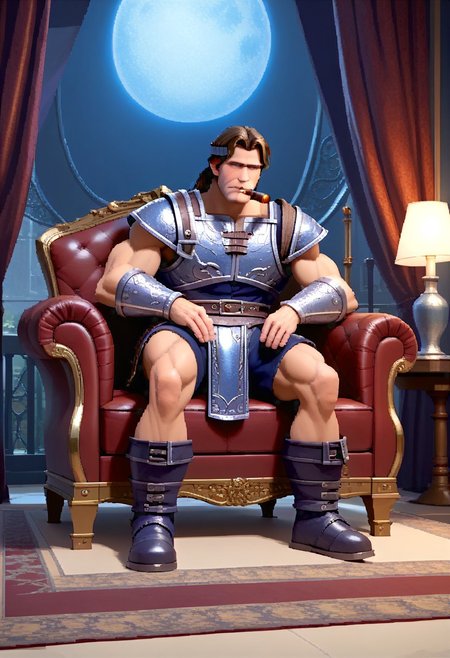 score_9, score_8_up, score_7_up, score_6_up, ootwstyle, 1boy, male, muscular, (full body view:2), night, moon, sitting, sofa, smoking cigar, elegant room, simon belmont, simonbel, blue leather armor, jeweled headband, stylized blue breastplate, silver accents, black leather shorts, stylized loincloth, single pauldron, metal wristband, shoulder length brown hair, leather tassets, black boots