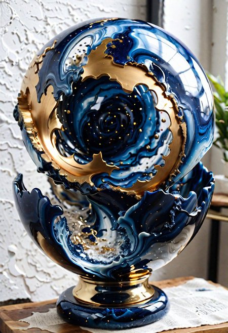 zephyr epoxy sphere sculpture, hight refract, amazing, composition, [roses : gold], epoxy Live edge, hight quality, (((masterpiece))) , (hight detailed)  <lora:add-detail-xl:1> blue polished marble