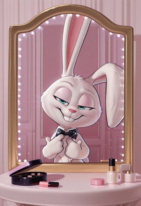 masterpiece, amazing quality, absurdres, ultra-detailed, detailed fluffy fur, no humans, furry male, solo, short, alec_azam, 1boy, white fur, blue eyes, whiskers, buck teeth, grin, teeth, rabbit tail, long ears, (droopy ears:1.1), unaligned ears, smug, half-closed eyes, eyelids, oversized bowtie, black bowtie, sequined bowtie, glitter bowtie, detached collar, adjusting bowtie, hands up, head tilt, fluffy, body fur, fewer digits, 4 fingers, looking at viewer, big head, upper body, 
BREAK
looking at mirror, indoors, vanity table, cosmetics, hollywood mirror, mirror lights, cosmetics, shadow, light particles, detailed shading, WaiIL25PosC
