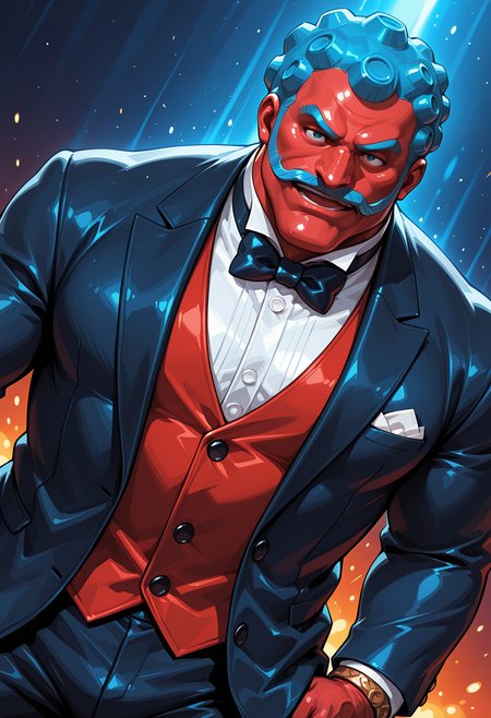 masterpiece, best quality, amazing quality, dutch angle, dynamic angle, abstract background BREAK
solo, male, 1boy, sf_hakan, blue hair, red body, mustache, facial hair, tuxedo, formal, bow tie, BREAK
<lora:cfg_scale_boost:.6> <lora:Hakan_-_Street_Fighter_-_ILXL:1>