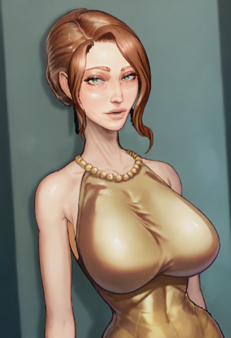score_9, score_8_up, score_7_up, 1girl, gerda_taffytales, large_breasts, portrait, solo, looking_at_viewer, open_eyes, Leaning on an invisible fence, from_above, (Gold suit), cropped_arms,rating_safe, <lora:pony\characters\gerda_taffytales_pony:1.0>