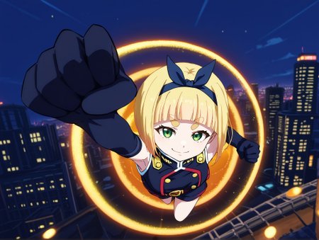 score_9,score_8_up,score_7_up,masterpiece, best quality, <lora:WHM 0.2v:0.5>, WHM, 2D,anime,  
1girl,solo,smug,full body, looking at lift side,arm up, close up,fit shot,light smile,  city scale, huge fit,
<lora:ultra_rise>,ultra rise,tokusatsu,light,orange theme,light particles,clenched hands,full body,from above,hand up,circles,energy ball,yellow light,full body, 
yellow theme,one hand on shoulders,
shushusuruga, <lora:shushu-suruga-s1-ponyxl-lora-nochekaiser:1>
shushu suruga, short hair, bangs, hair ribbon, hairband, blunt bangs, thick eyebrows, green eyes, yellow hair,
gloves, shorts, elbow gloves, belt, buttons, military uniform, military, bare shoulders, black military uniform,
outdoors,