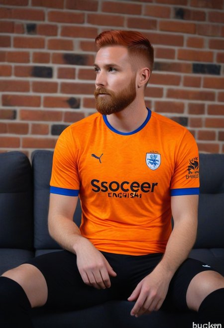photo of a man with short red hair, hipster beard, looking away, sitting on sofa, posing, brick wall on background, bokeh, dynamic dutch angle.
(wearing soccer_jersey, dark theme, orange english text).