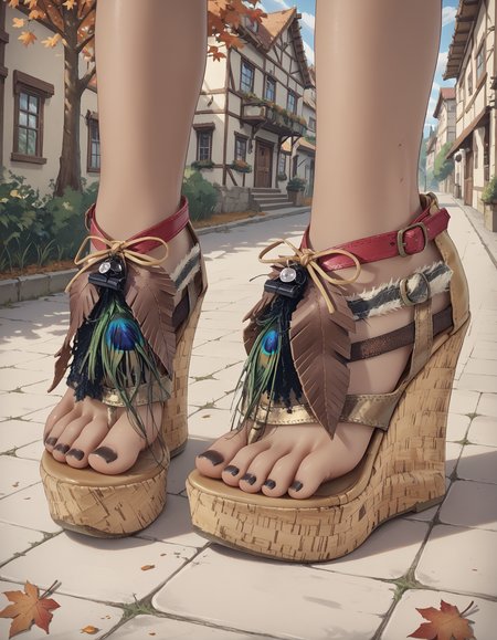 score_9, score_8_up, score_7_up, score_6_up, source_anime,
1girl, 
dark skin,
feet, toes, black toenail polish,
(b0h0 heels), platform footwear,
(forest:0.9), town, village, (autumn:1.2),
embedding:zPDXLrl ,
embedding:zPDXL2 ,