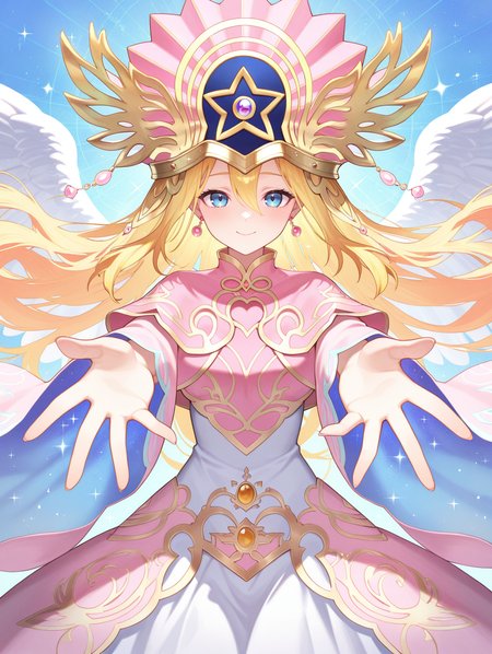 elemental grace doriado,official alternate costume,doriado,solo,1girl,very long hair,looking at viewer,angel wings,sparkle,smile,blue background,closed mouth,pink wizard hat,pink rope,pink earrings,floating hair,reaching towards viewer,
masterpiece,best quality,amazing quality,very aesthetic,absurdres,newest,<lora:Doriado 4 in 1 illusXL v1.1:0.7>,