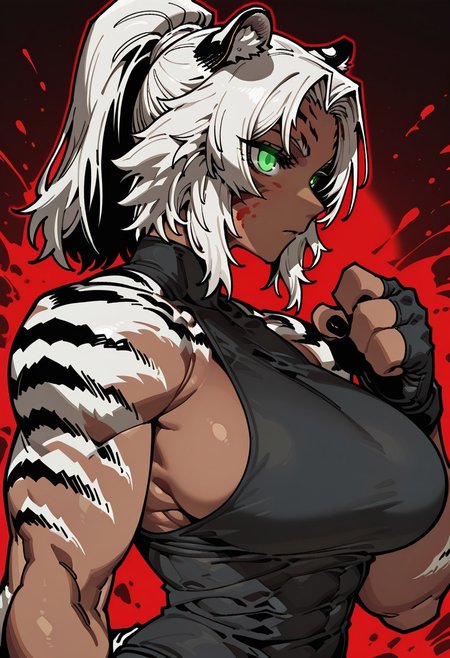 masterpiece, best quality, good quality, 1girl, white hair, ponytail, tall female, toned, tiger fur, tiger tail, tail, green eyes, facial marks, tiger ears, large breasts, dark-skinned female, muscular female, 
sleeveless black shirt, side boob, upper body, low view, eyes on viewer, Blood splatter on face, bloody hands, glowing eyes, red backlight, claws, fingerless gloves,
(SSAMBAtea:0.3), (ireading:0.8)