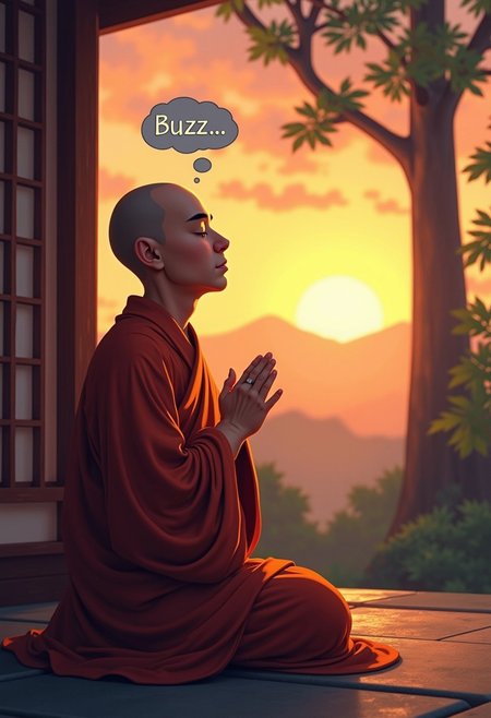 A digital painting in a realistic style at sunset. A zen Buddhist monk praying in a serene Japanese monastery. His eyes are closed but has a thought bubble above his head saying “Buzz…”.