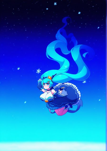 <lora:wherewolf:1>,1girl, hatsune miku, yuki miku, yuki miku (2017), huge breasts, absurdly long hair, aqua hair, bare shoulders, blue dress, blue eyes, blue footwear, blue ribbon, blurry, blurry foreground, bow, breasts, choker, closed mouth, detached sleeves, dress, fingerless gloves, floating, floating hair, frilled dress, frilled sleeves, frills, gloves, hair bow, hair ornament, hair ribbon, hairclip, legs up, long hair, long sleeves, looking at viewer, looking to the side, ribbon, ribbon choker, shoes, sky, sleeveless, sleeveless dress, snowflakes, socks, solo, star (sky), star (symbol), twintails, very long hair, white socks, wide sleeves,  very awa, masterpiece, best quality, newest, highres, absurdes,amazing quality