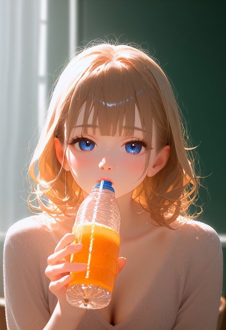 zuppu11, solo, score_9, score_8_up, score_7_up, looking at viewer, zPDXL3, detailed eyes, blushing, Expressiveh, drinking, holding bottle, full body, 1girl
