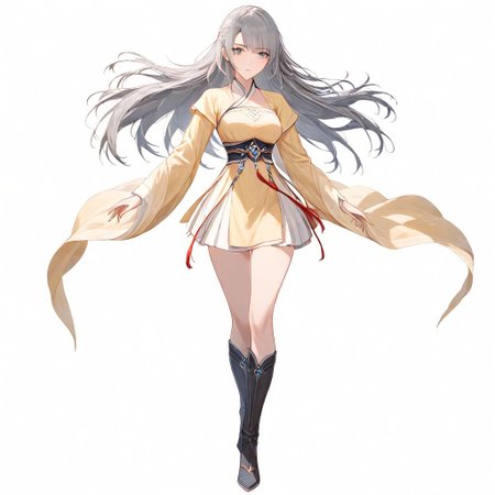 full shot, full body, white background, gorgeous lips,(masterpiece), (best quality), detailed eyes, detailed face, anime, hires textures, high detail, 1girl, solo, very long dark grey hair,straight hair, side bangs, medium breasts, perfect eyes, perfect hands, grey eyes,  8k, highest quality,(chinese clothes, white|yellow hanfu, hanfu, short skirt, taut sleeves, white short boots), expressionless, looking at the viewer,
Show less